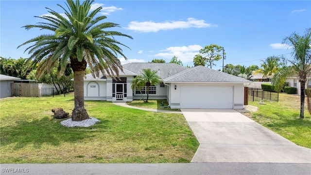 ranch-style home featuring an attached garage, fence, stucco siding, and concrete driveway