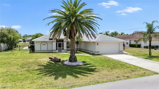 view of front of house with fence, an attached garage, stucco siding, a front yard, and concrete driveway