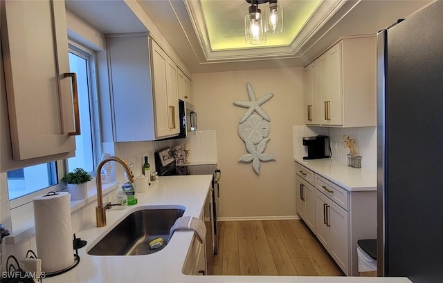 kitchen with stainless steel appliances, a sink, a tray ceiling, tasteful backsplash, and light wood-type flooring