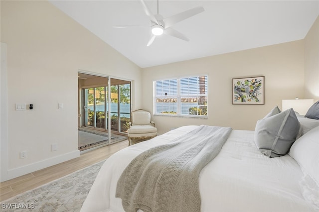 bedroom featuring high vaulted ceiling, access to exterior, light wood-style flooring, a ceiling fan, and baseboards