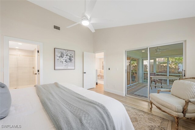 bedroom with visible vents, access to exterior, baseboards, light wood-style floors, and ensuite bath