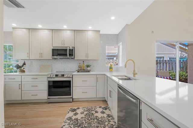kitchen with a sink, appliances with stainless steel finishes, a healthy amount of sunlight, and light countertops