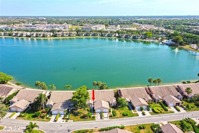 bird's eye view featuring a residential view and a water view