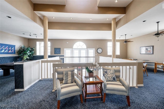 interior space with a ceiling fan, recessed lighting, and carpet