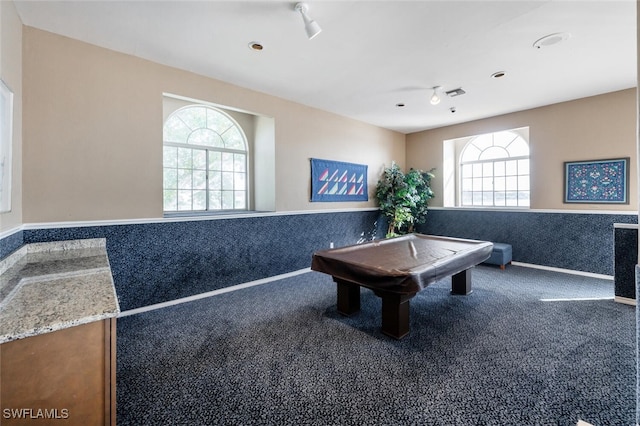 game room with carpet floors, wainscoting, pool table, and track lighting