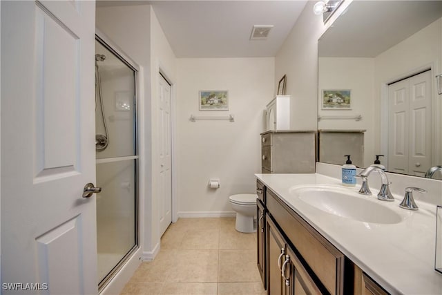 bathroom with visible vents, vanity, tile patterned flooring, baseboards, and a shower stall