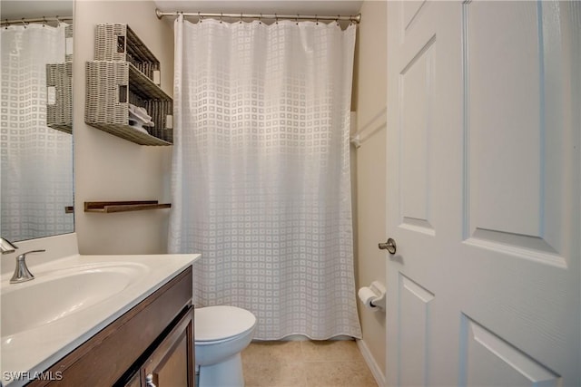 full bath with vanity, tile patterned floors, toilet, and a shower with curtain