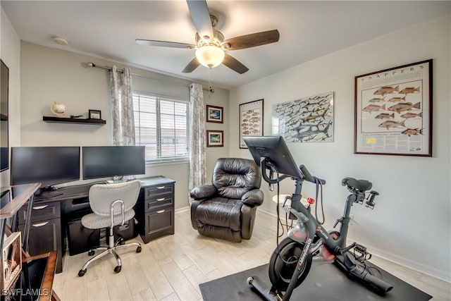 office space featuring a ceiling fan, baseboards, and light wood-style flooring