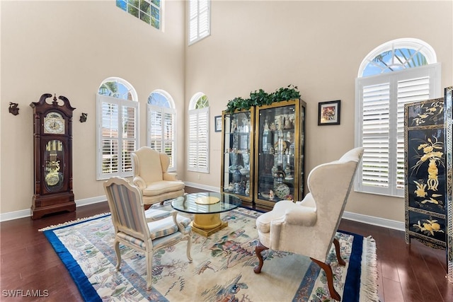 sitting room featuring a towering ceiling, wood finished floors, and baseboards