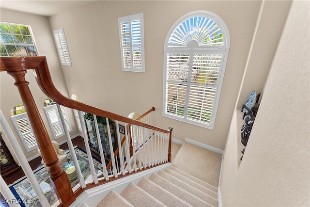 stairway with carpet flooring and baseboards