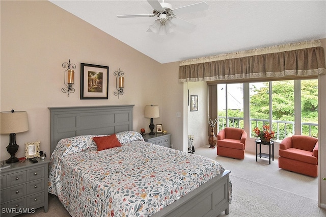 bedroom featuring a ceiling fan, carpet, and lofted ceiling