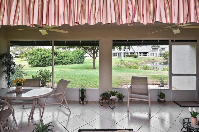 sunroom / solarium featuring a water view