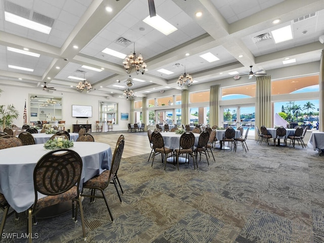 7539 Berkshire Pines Dr, Naples, FL 34104 - dining room with coffered ceiling, a chandelier, beam ceiling, recessed lighting, and carpet floors
