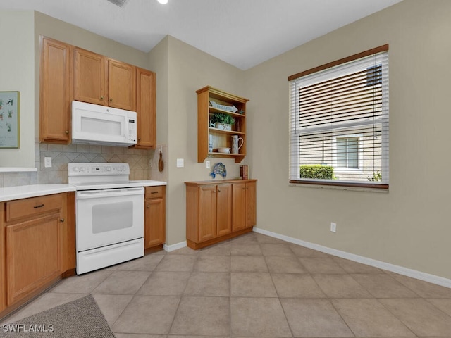 7539 Berkshire Pines Dr, Naples, FL 34104 - kitchen with white appliances, decorative backsplash, light countertops, baseboards, and open shelves