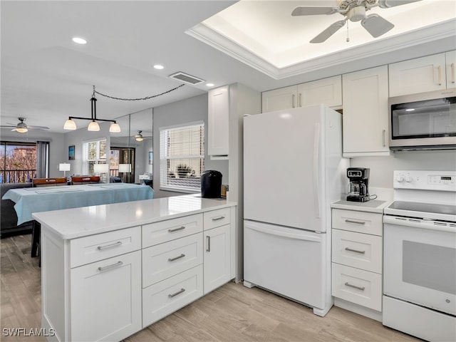 6893 Estero Blvd Unit 416, Fort Myers Beach, FL 33931 - kitchen with white appliances, a ceiling fan, a peninsula, white cabinetry, and recessed lighting