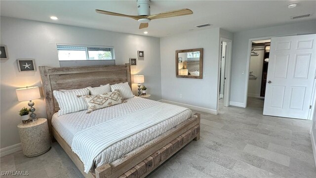bedroom featuring recessed lighting, baseboards, visible vents, and ceiling fan