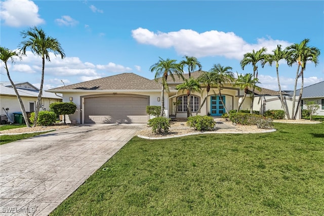 213 SE 6th St, Cape Coral, FL 33990 - ranch-style home featuring french doors, decorative driveway, an attached garage, stucco siding, and a front lawn