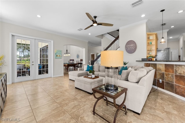 14790 Fripp Island Ct, Naples, FL 34119 - living area with crown molding, recessed lighting, stairs, french doors, and ceiling fan