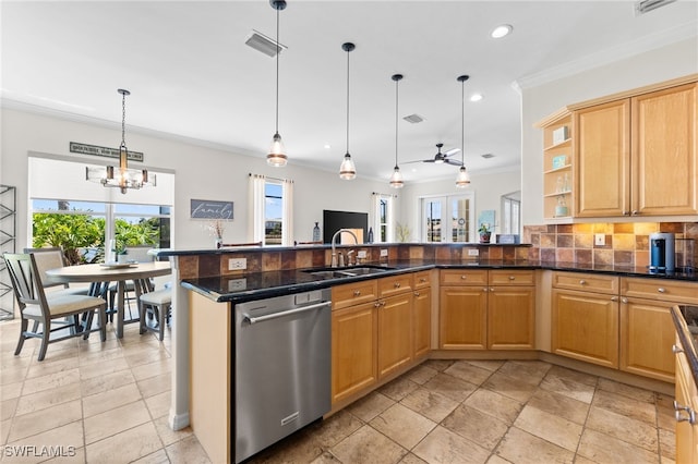 14790 Fripp Island Ct, Naples, FL 34119 - kitchen featuring dishwasher, a sink, crown molding, ceiling fan, and recessed lighting