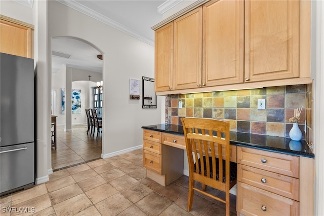 14790 Fripp Island Ct, Naples, FL 34119 - office with built in study area, ornamental molding, arched walkways, and baseboards