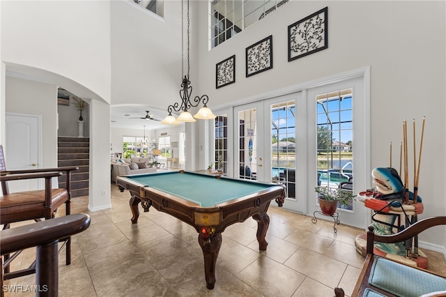 14790 Fripp Island Ct, Naples, FL 34119 - rec room with french doors, a towering ceiling, baseboards, pool table, and a ceiling fan