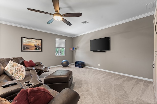 14790 Fripp Island Ct, Naples, FL 34119 - carpeted living room featuring baseboards, ornamental molding, and ceiling fan