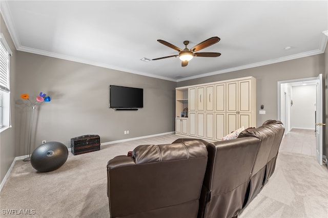 14790 Fripp Island Ct, Naples, FL 34119 - living room featuring light carpet, a ceiling fan, baseboards, and crown molding