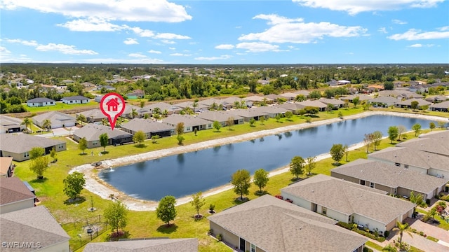 aerial view featuring a residential view and a water view