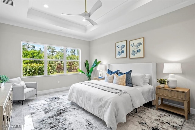 bedroom featuring recessed lighting, baseboards, a raised ceiling, and visible vents