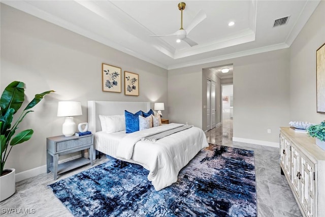 bedroom with crown molding, a raised ceiling, marble finish floor, recessed lighting, and visible vents