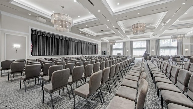 home theater featuring an inviting chandelier, beamed ceiling, recessed lighting, coffered ceiling, and carpet