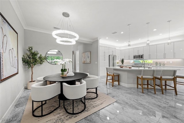 dining room with an inviting chandelier, marble finish floor, baseboards, visible vents, and ornamental molding