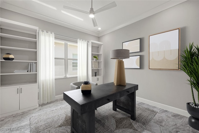 office with crown molding, a ceiling fan, and baseboards
