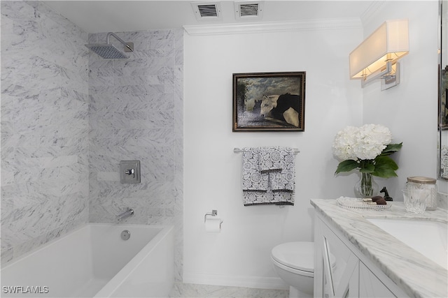 bathroom featuring visible vents, toilet, crown molding, and vanity