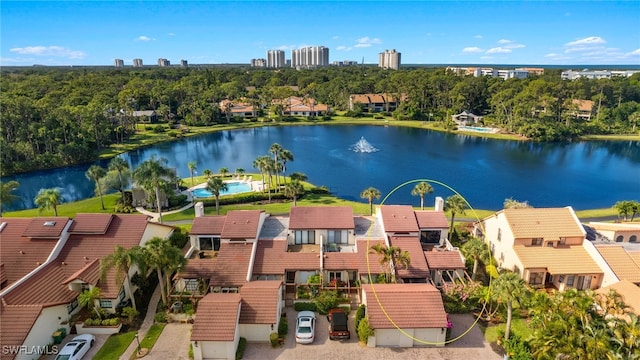 aerial view featuring a water view