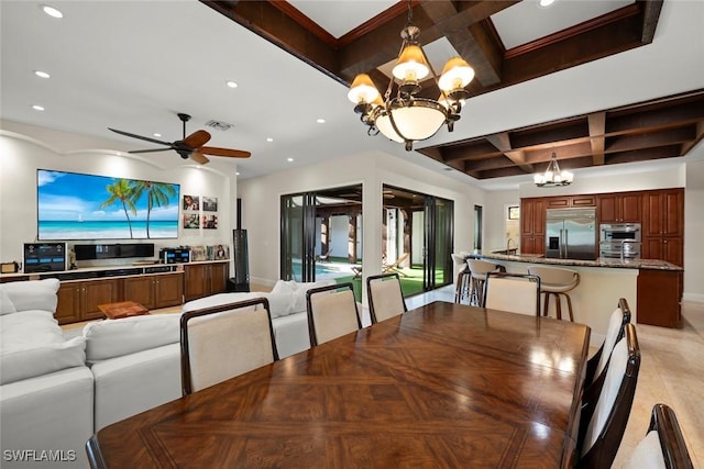 dining space with recessed lighting, coffered ceiling, and ceiling fan with notable chandelier