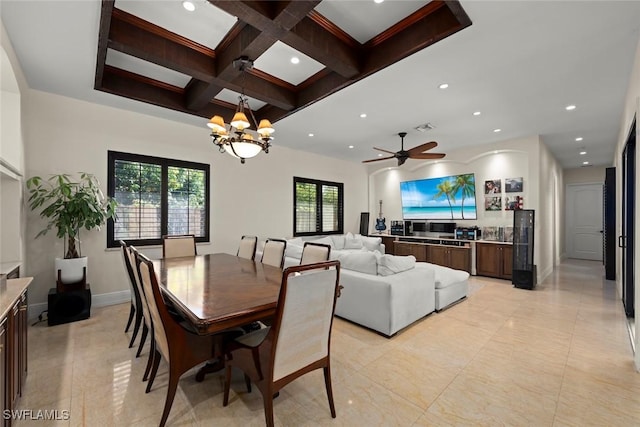 dining space featuring recessed lighting, beam ceiling, ceiling fan with notable chandelier, and coffered ceiling