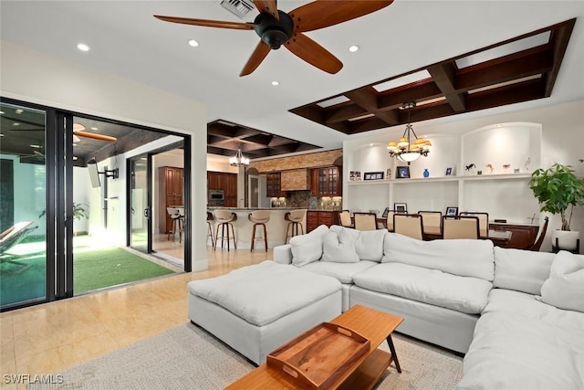 living room featuring visible vents, beam ceiling, recessed lighting, coffered ceiling, and ceiling fan with notable chandelier