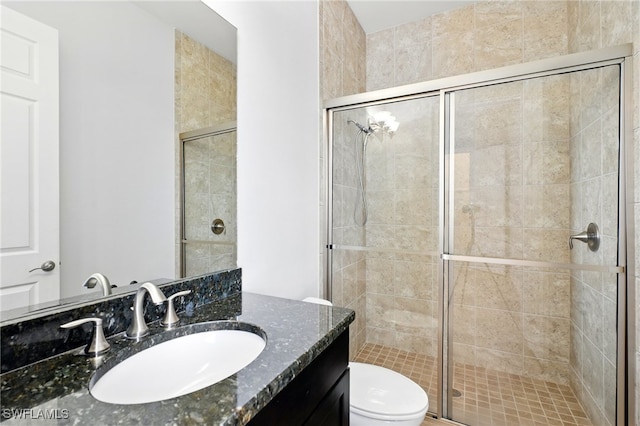 bathroom with a shower stall, toilet, and vanity