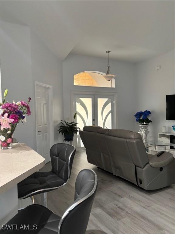 living room featuring light wood-type flooring and french doors