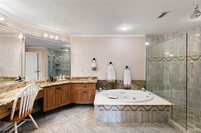 bathroom featuring visible vents, ornamental molding, a stall shower, and vanity