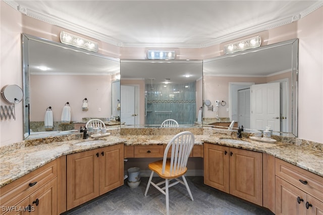 full bath with crown molding, vanity, and a stall shower