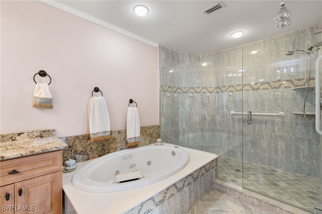 bathroom with visible vents, crown molding, vanity, a jetted tub, and a stall shower