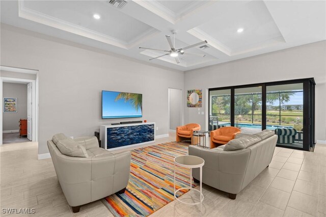 16166 Herons View Dr, Alva, FL 33920 - living area featuring baseboards, a ceiling fan, coffered ceiling, and visible vents