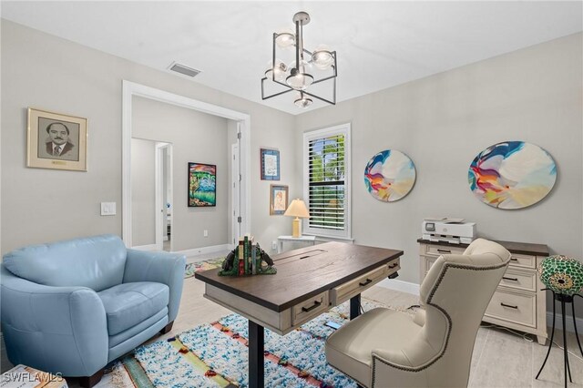 16166 Herons View Dr, Alva, FL 33920 - home office featuring an inviting chandelier, baseboards, light wood-style floors, and visible vents