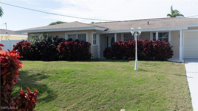 view of front of home with stucco siding, fence, a front yard, and an attached garage