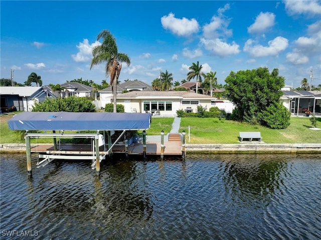 dock area with a yard, a water view, and boat lift