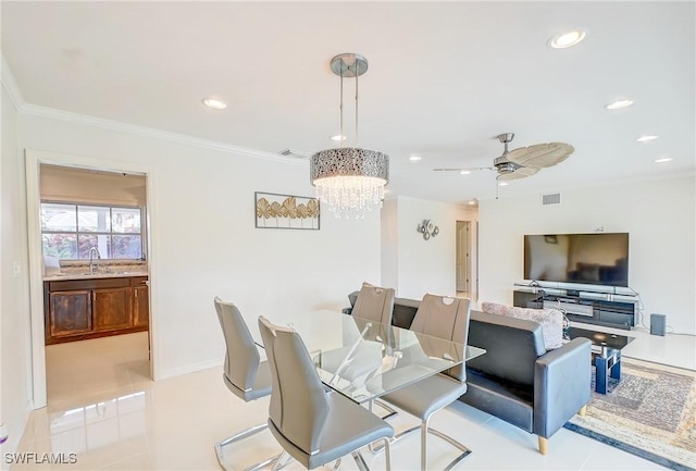dining room with ornamental molding, recessed lighting, light tile patterned flooring, and ceiling fan with notable chandelier