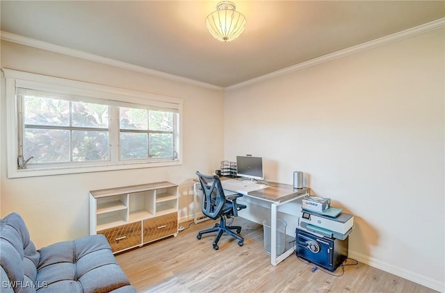 office space featuring ornamental molding, wood finished floors, and baseboards