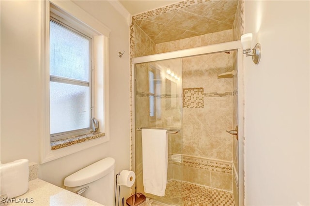 full bath with toilet and a stall shower